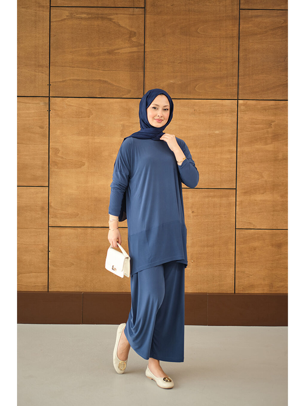 Kadın Dikiş Detay Yırtmaçlı Takım İndigo Mavi-2