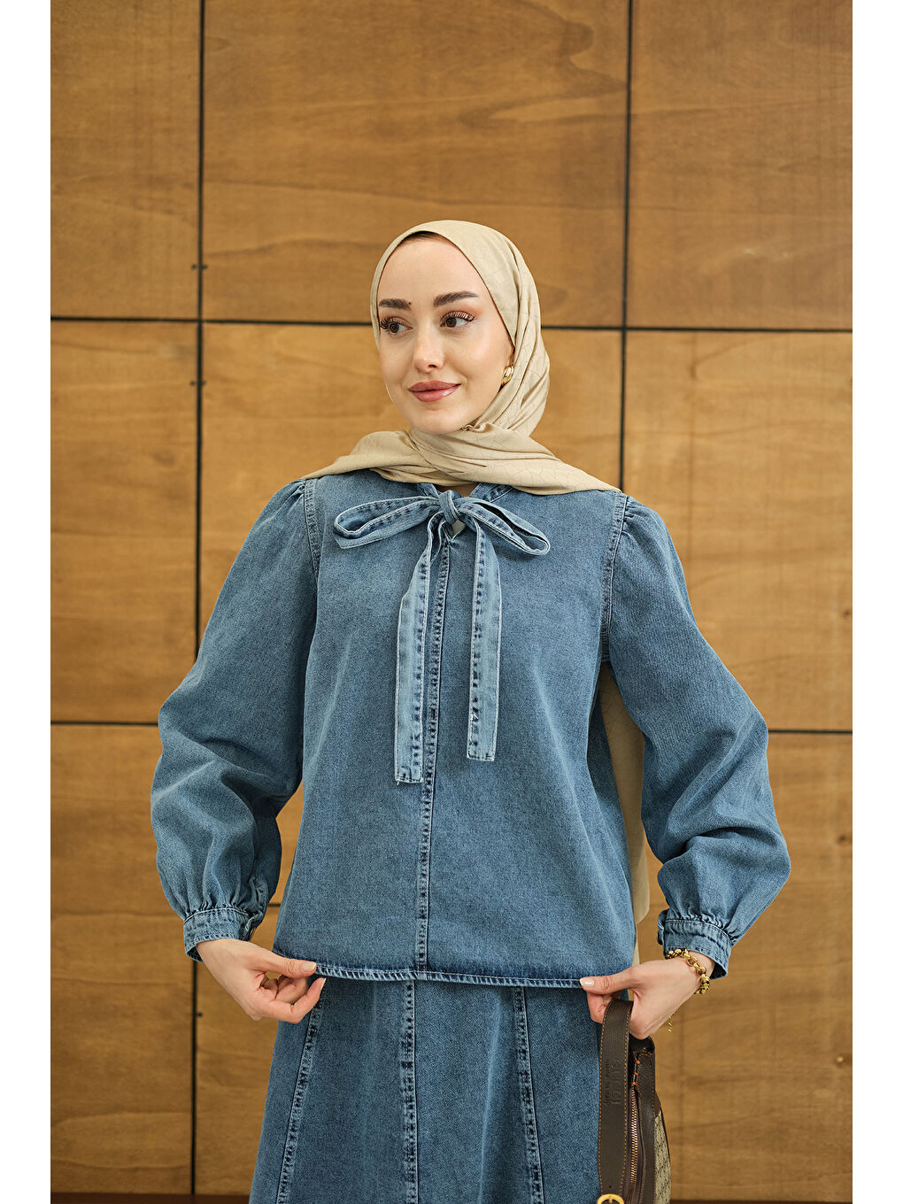 Kadın Yaka Bağlamalı Etekli Jean Takım Buz Mavi-1