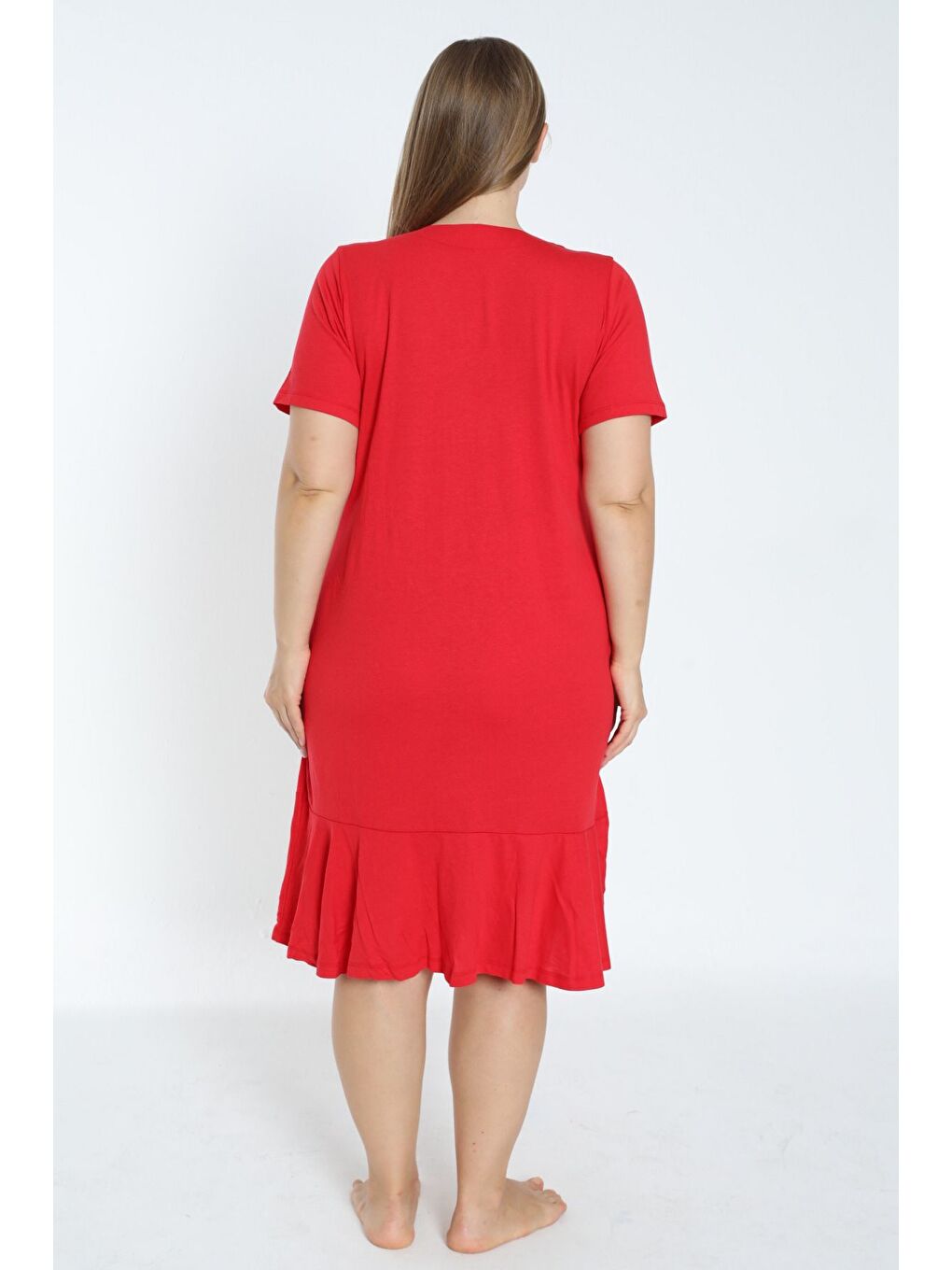 Kırmızı kadın büyük beden boydan düğmeli kısa kollu fırfırlı pamuklu elbise-3