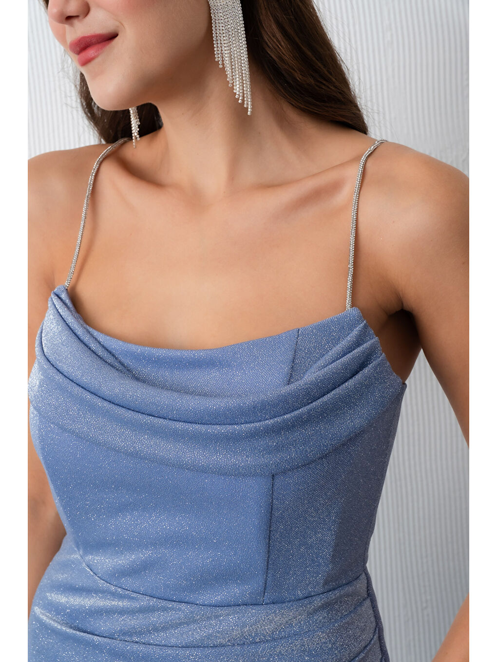 Kadın İndigo Askılı Simli Örme Abiye Elbise-4