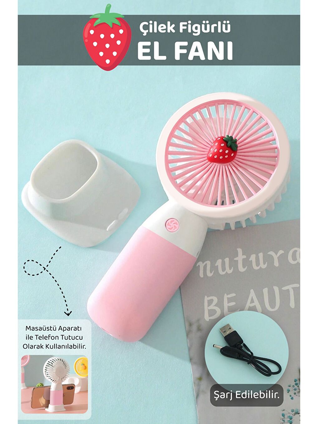 Çilek Figürlü Şarjlı El Fanı - Standlı Taşınabilir Şarj Edilebilir Soğutucu Mini Masa Fanı Pembe