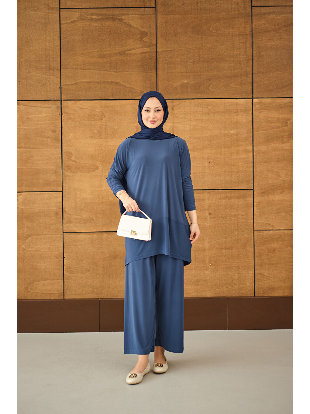 Kadın Dikiş Detay Yırtmaçlı Takım İndigo Mavi-3