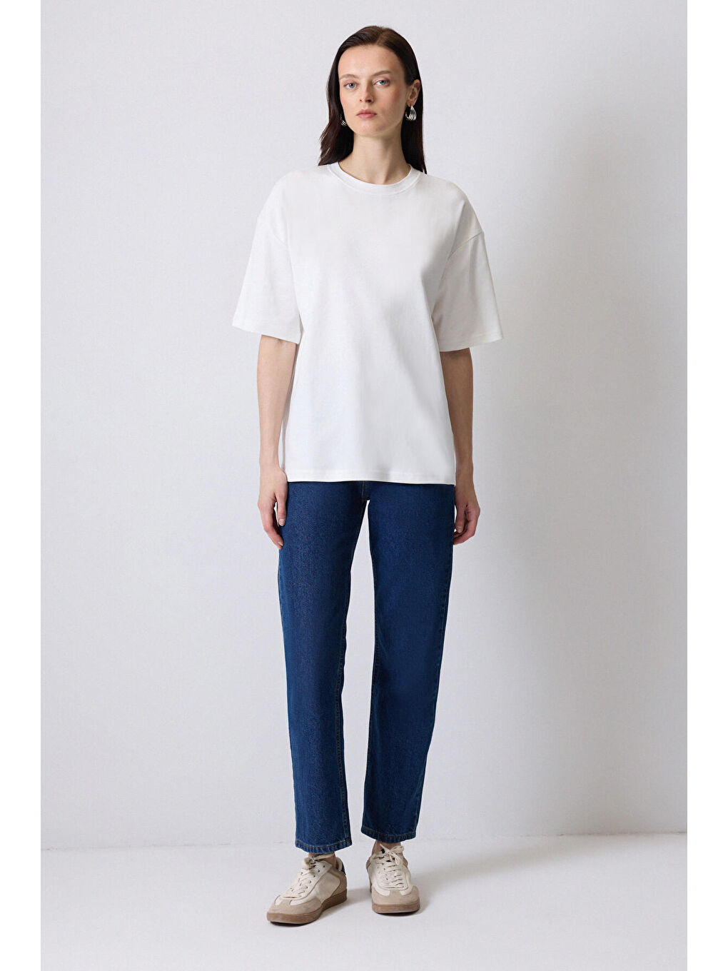 Ekru %100 Pamuklu Kısa Kollu T-Shırt