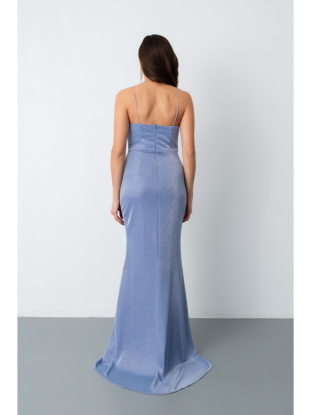 Kadın İndigo Askılı Simli Örme Abiye Elbise-5