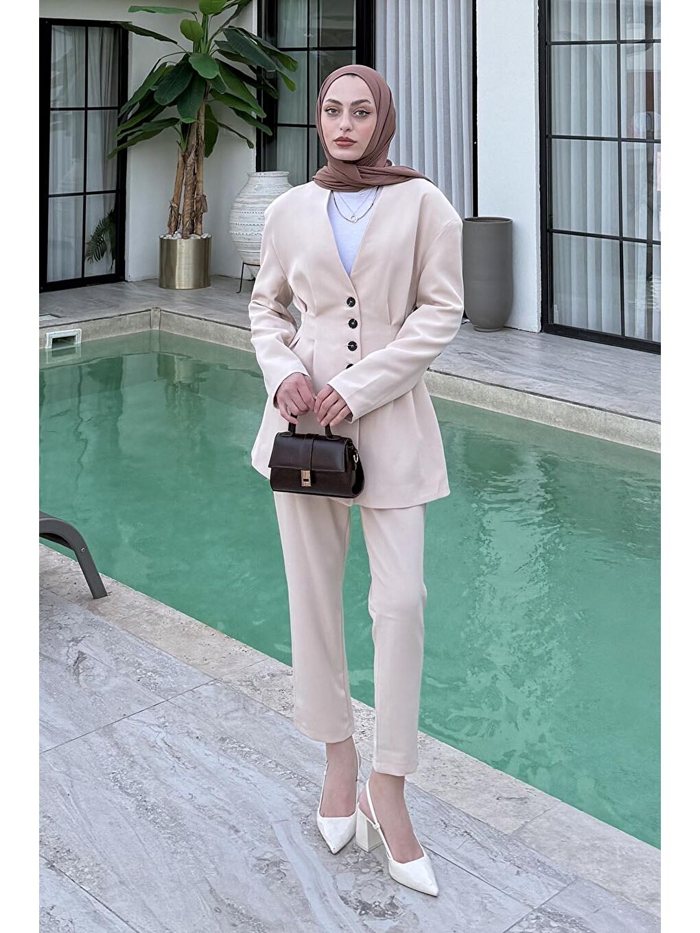 Bej Pensli Ceket-Pantolon İkili Takım Taş