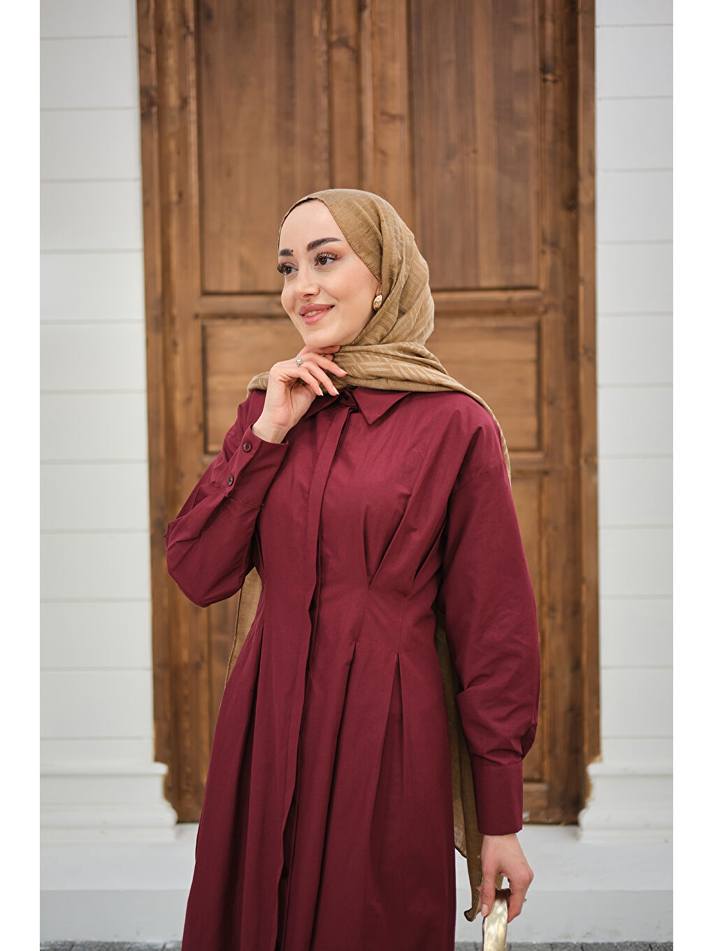 Kadın Beli Pileli Gömlek Yaka Gizli Düğmeli Elbise Bordo-1