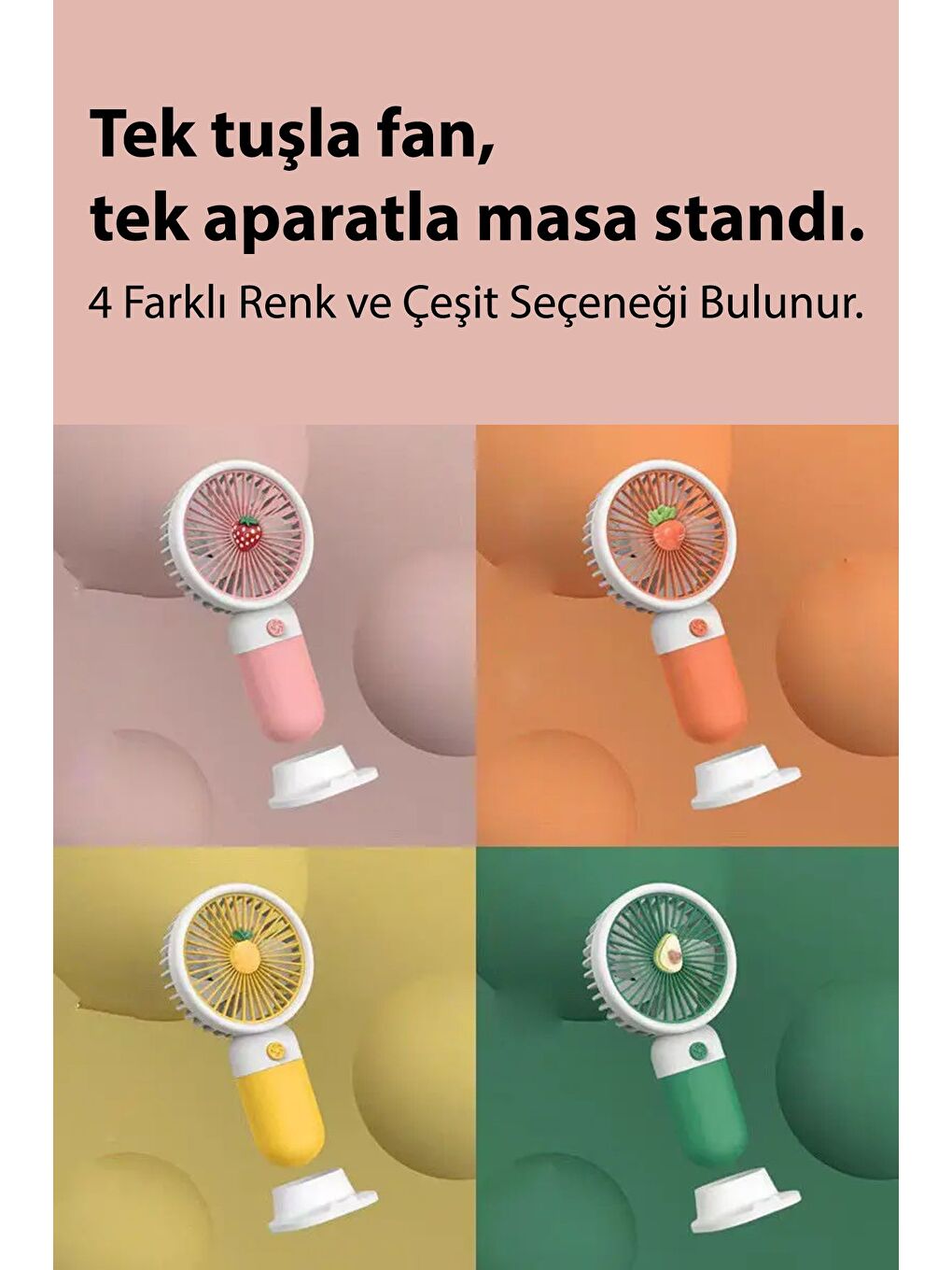 Çilek Figürlü Şarjlı El Fanı - Standlı Taşınabilir Şarj Edilebilir Soğutucu Mini Masa Fanı Pembe-2