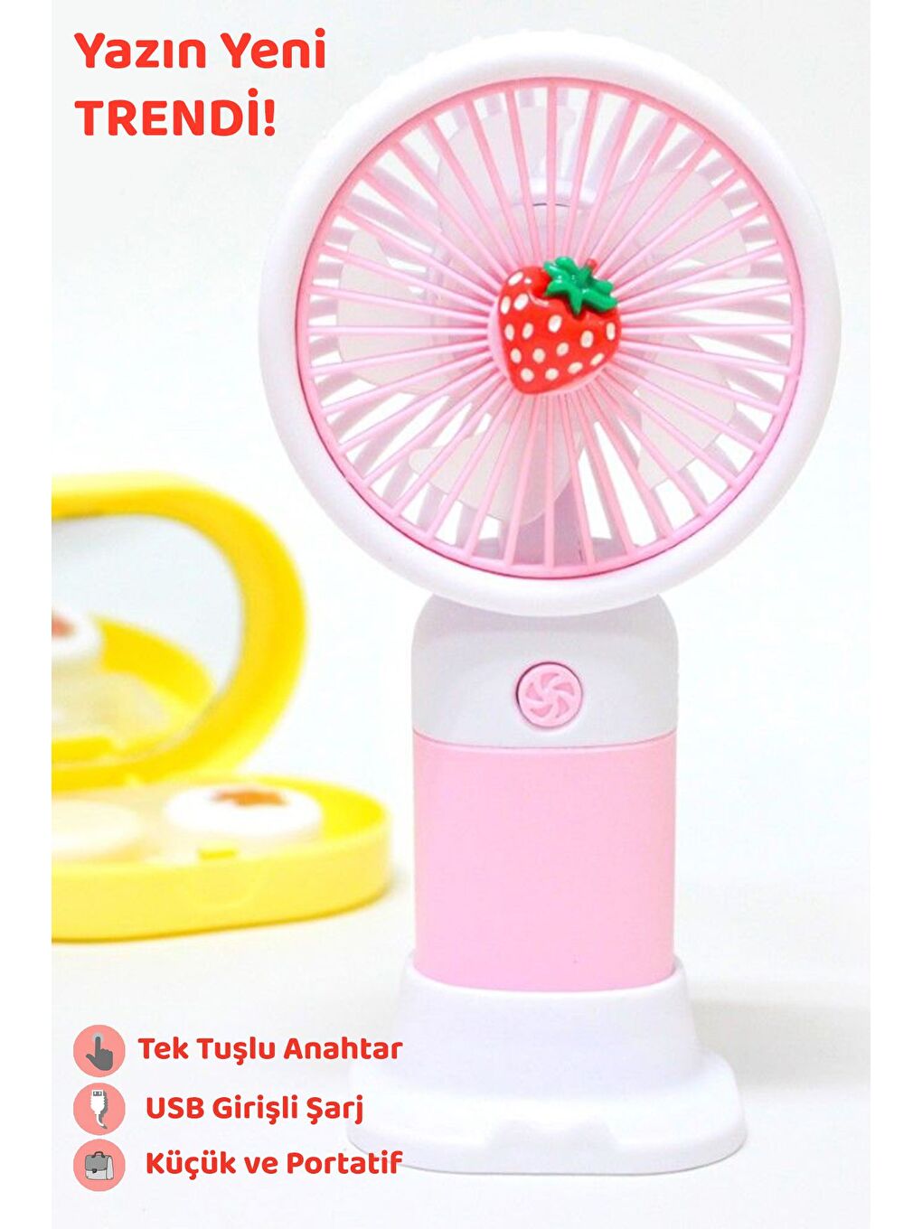 Çilek Figürlü Şarjlı El Fanı - Standlı Taşınabilir Şarj Edilebilir Soğutucu Mini Masa Fanı Pembe-3
