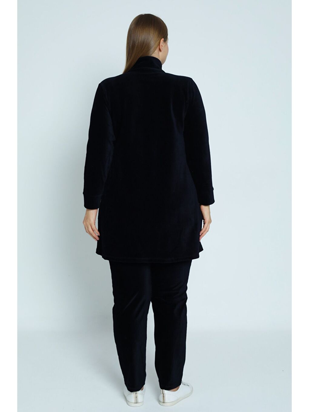 Kadın Lacivert Büyük Beden Uzun Kollu Pamuklu Taş Detaylı Kadife Alt Üst Eşofman Takımı-3