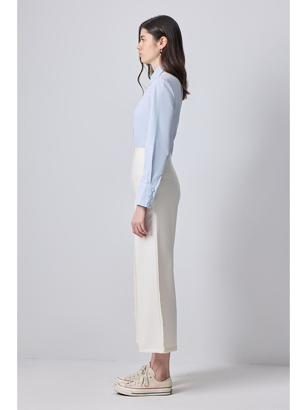 Ekru Nervürlü Krep Pantolon-2