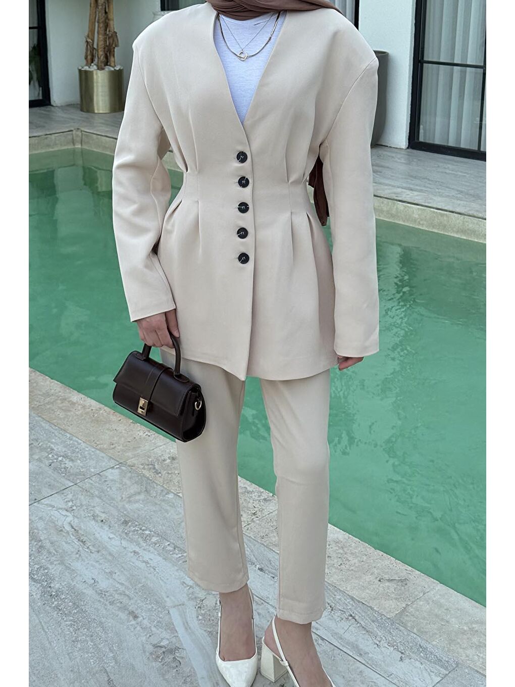 Bej Pensli Ceket-Pantolon İkili Takım Taş-2