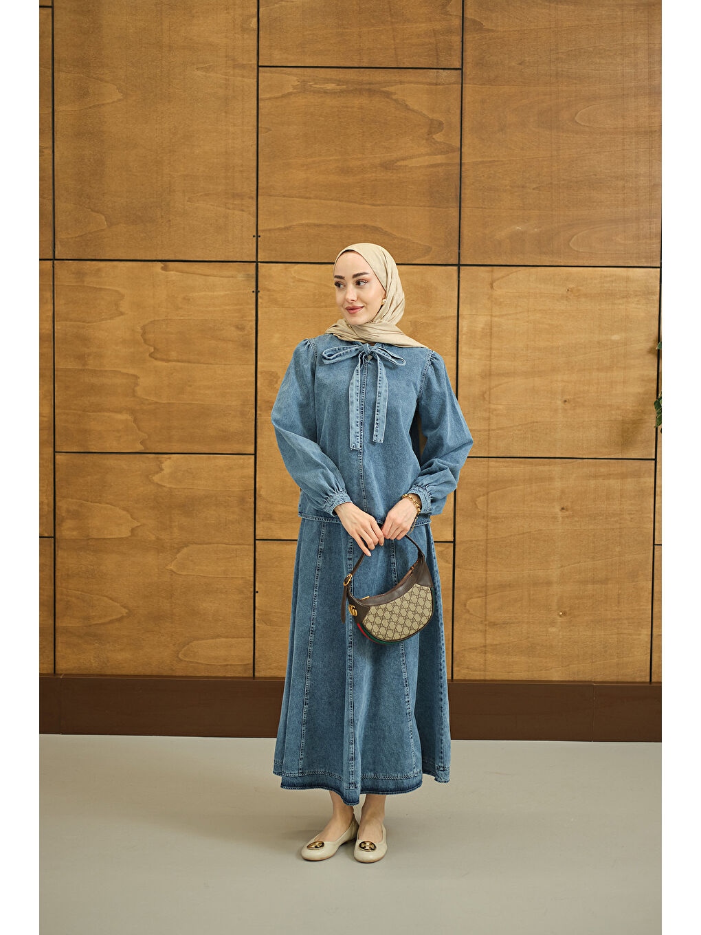 Kadın Yaka Bağlamalı Etekli Jean Takım Buz Mavi-2