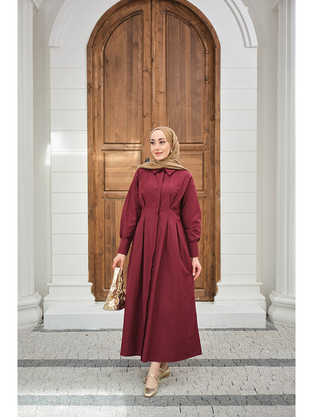 Kadın Beli Pileli Gömlek Yaka Gizli Düğmeli Elbise Bordo-2