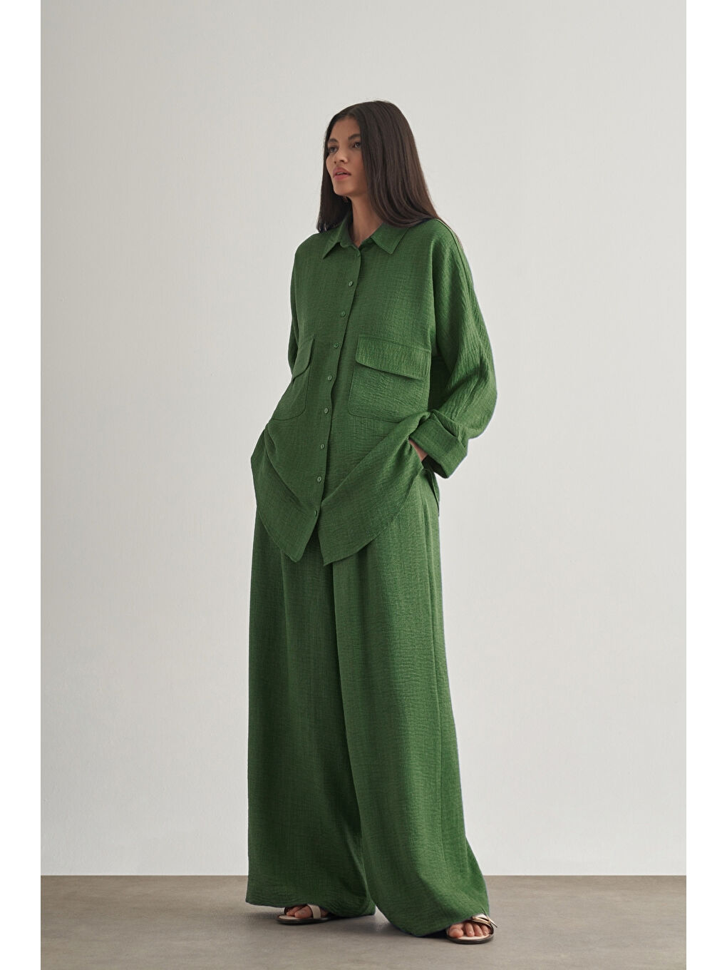 Yeşil Keten Dokulu Torba Cepli Haki Tunik-1