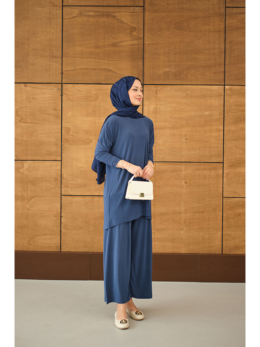 Kadın Dikiş Detay Yırtmaçlı Takım İndigo Mavi-4