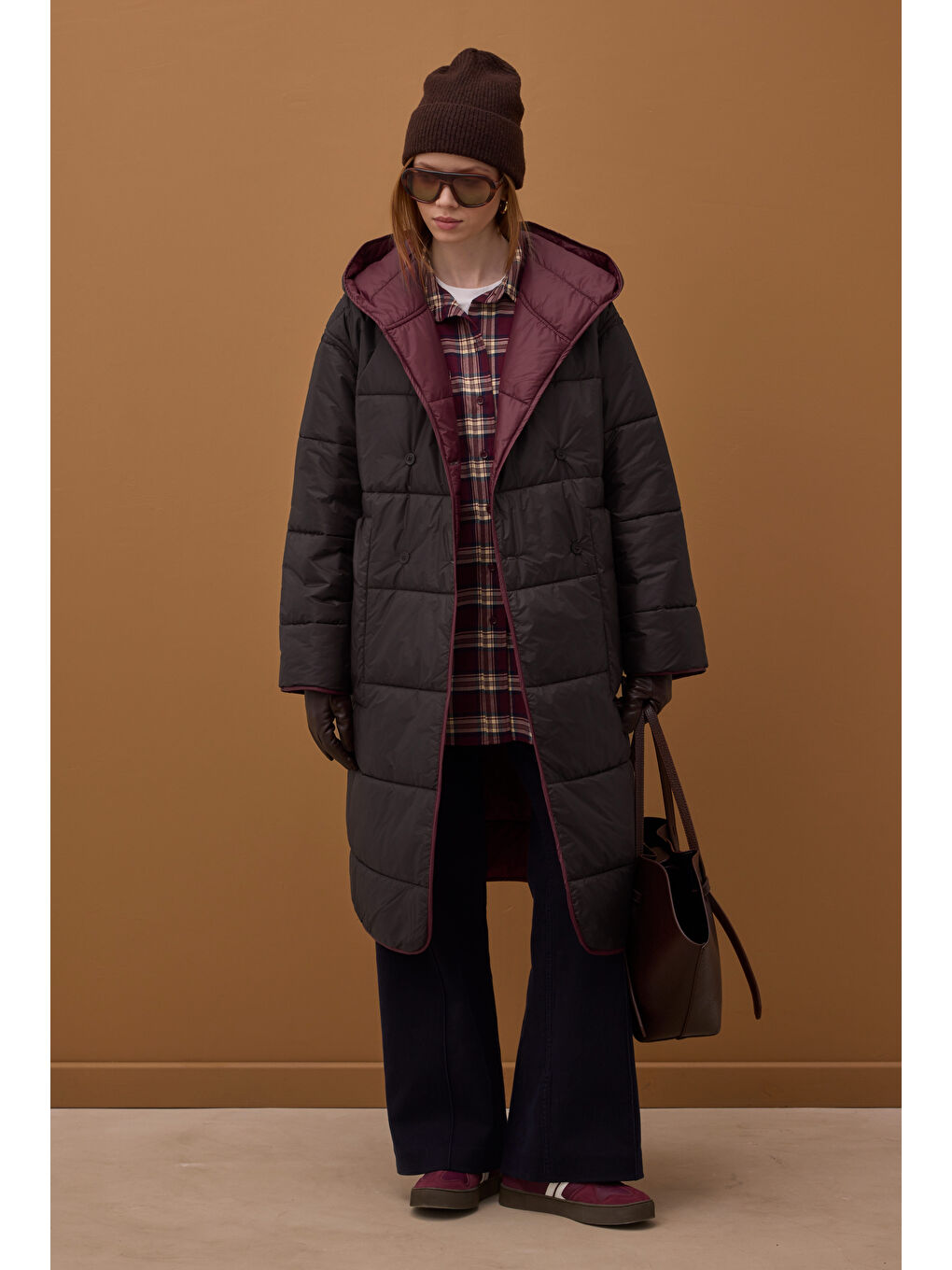 Çift Taraflı Şişme Mont Bordo-Acı Kahve-1