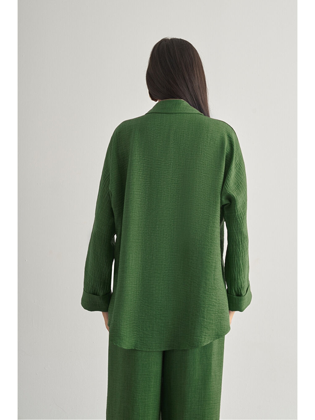 Yeşil Keten Dokulu Torba Cepli Haki Tunik-2