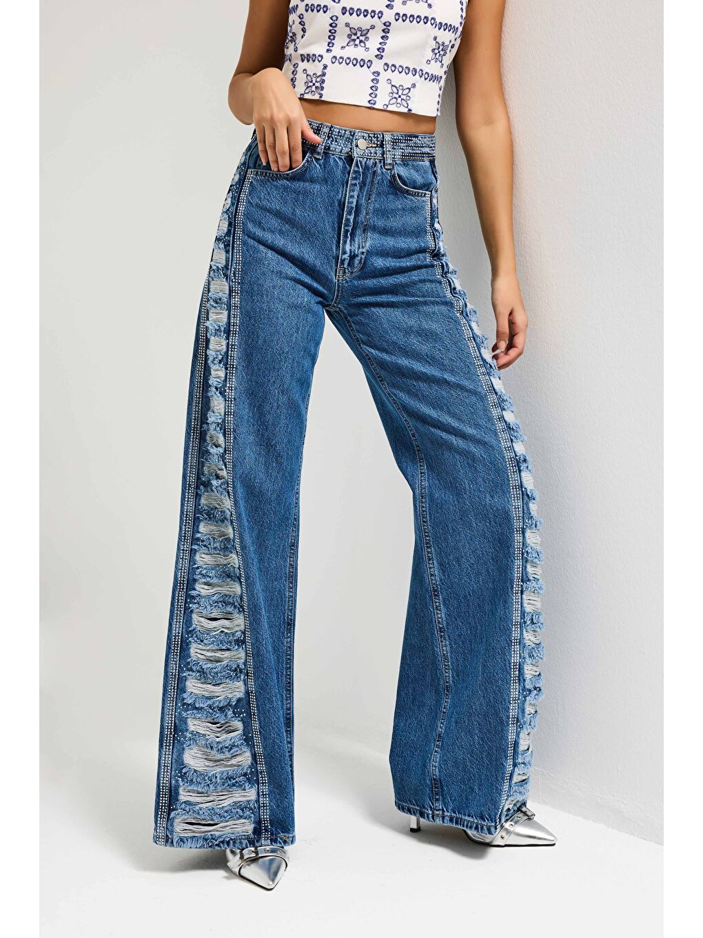 Kadın Mavi T-9s6-4 Flare Fit Özel Tasarım Denim Jean-6