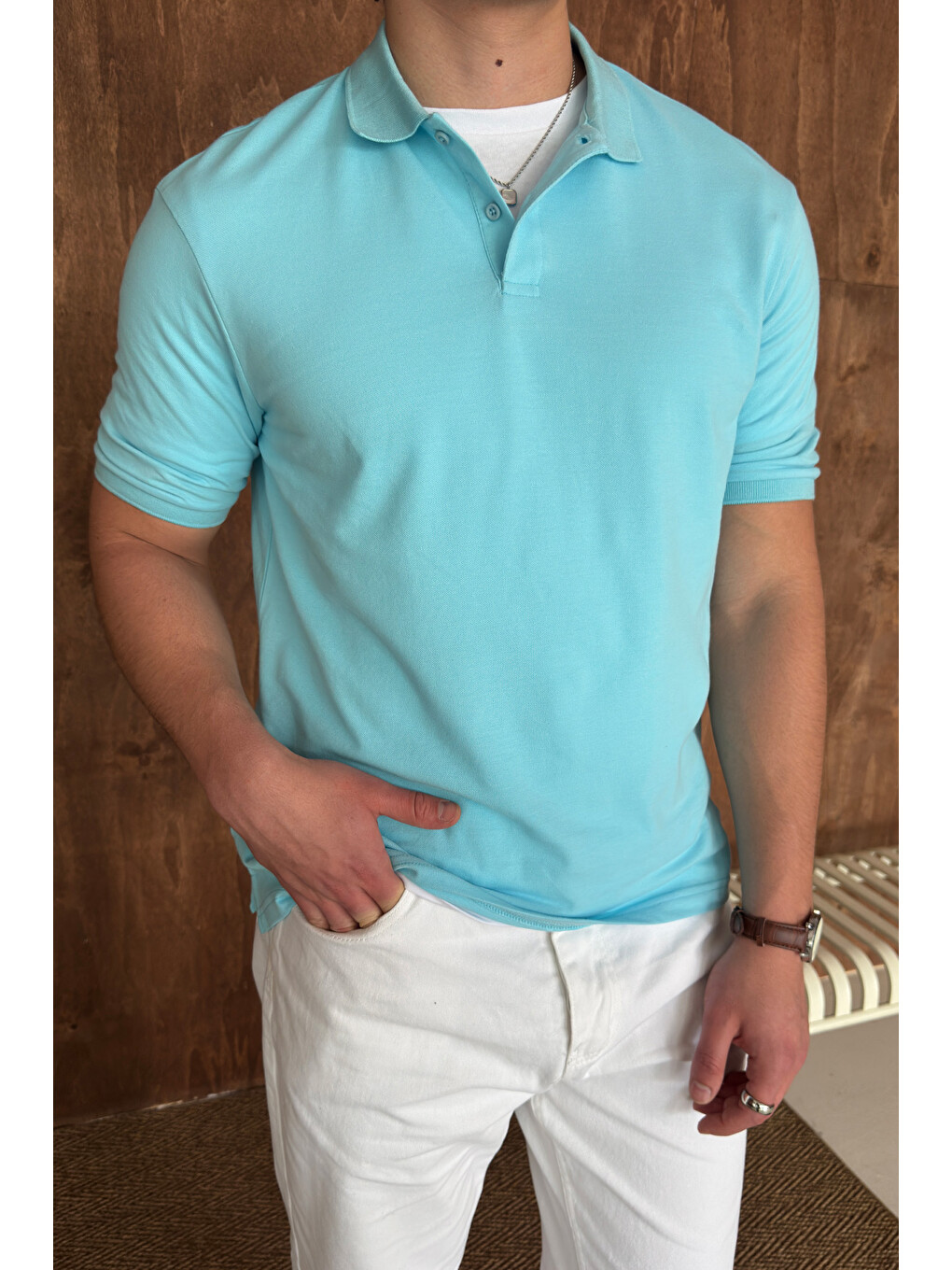 Turkuaz Erkek %100 Pamuk Düğmeli Polo Yaka T-Shirt-1