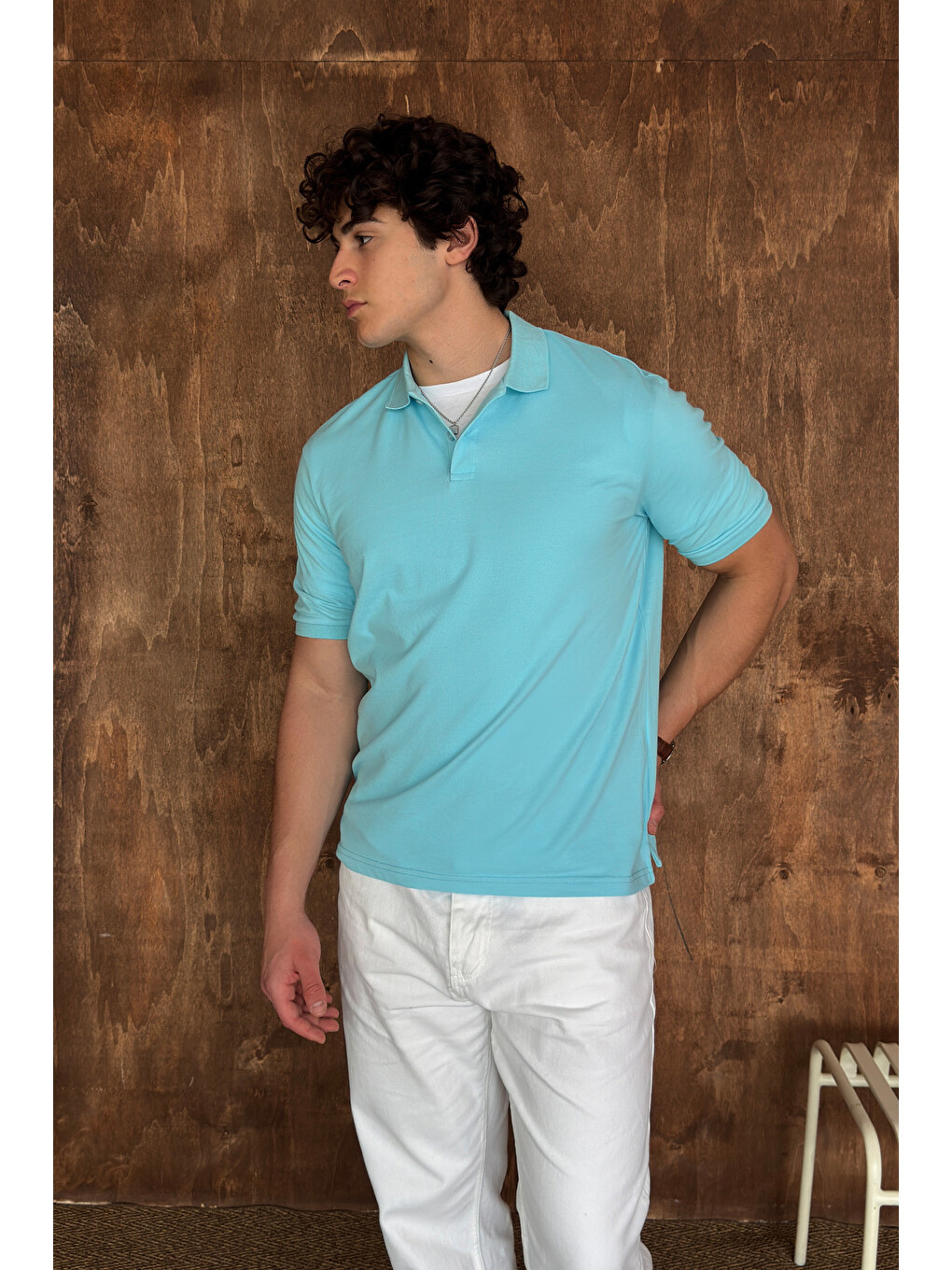 Turkuaz Erkek %100 Pamuk Düğmeli Polo Yaka T-Shirt-2