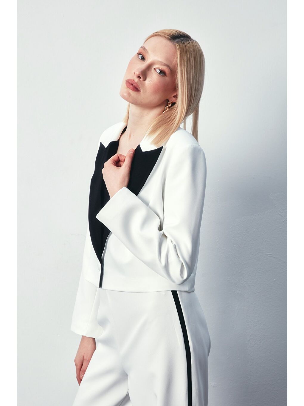 Kontrast Kısa Ceket - Ekru-4