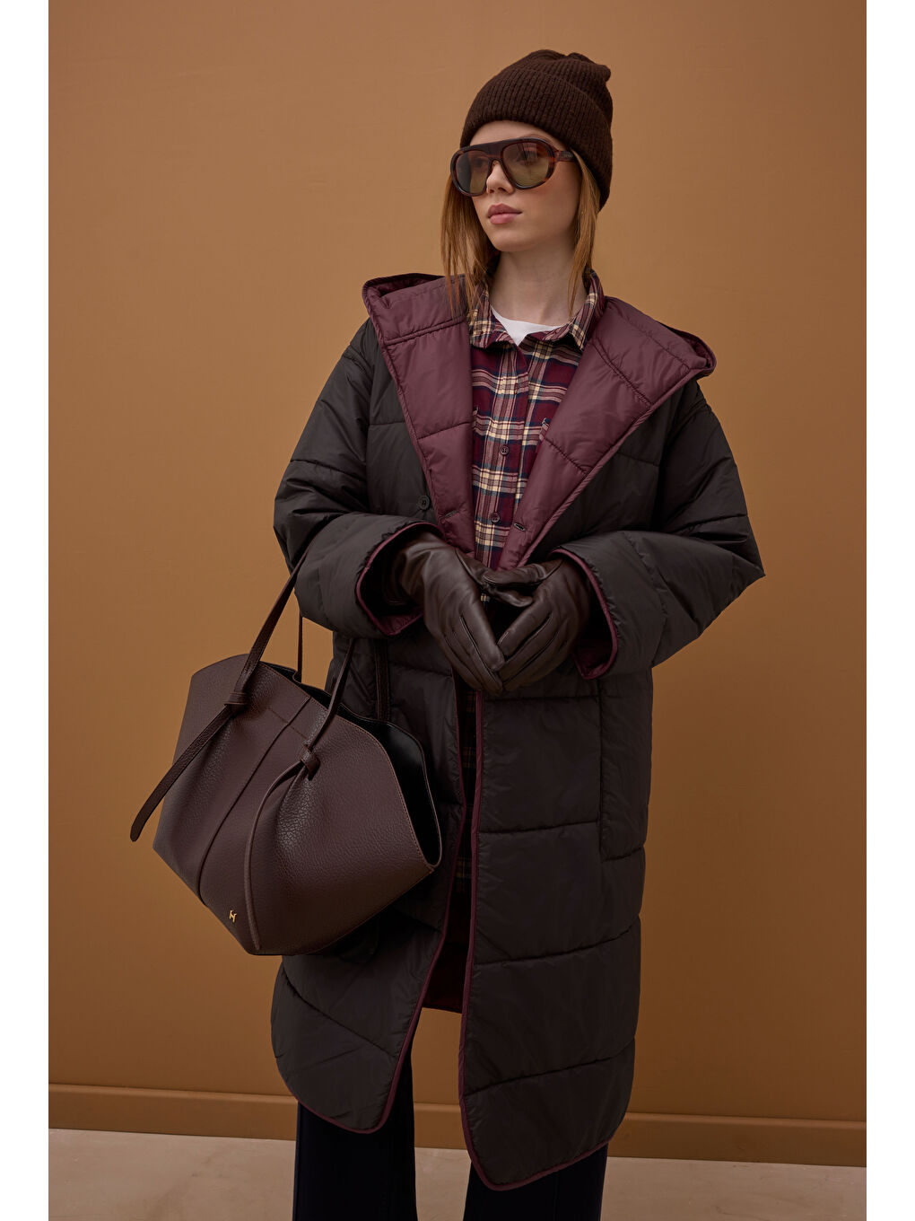 Çift Taraflı Şişme Mont Bordo-Acı Kahve-2