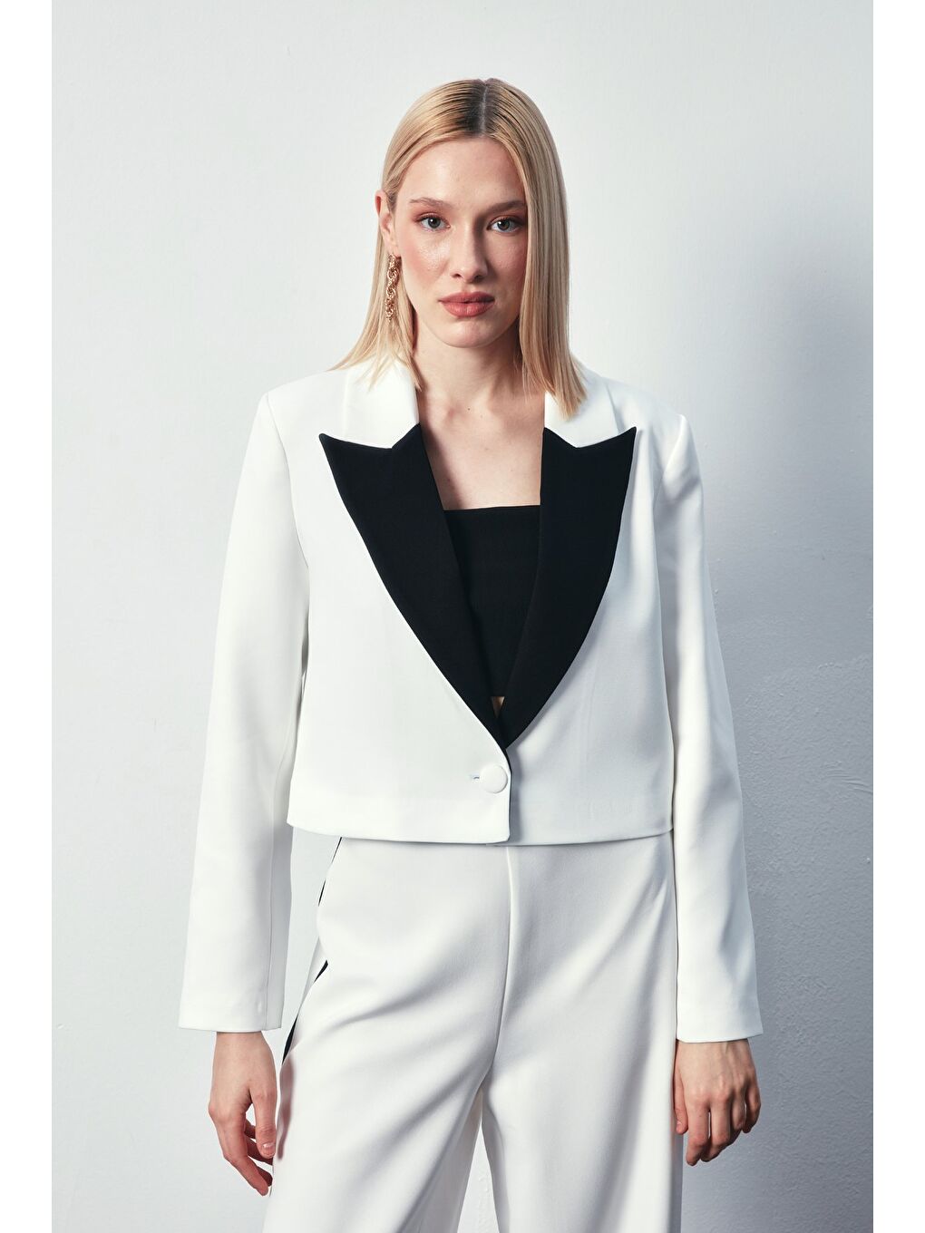 Kontrast Kısa Ceket - Ekru-5