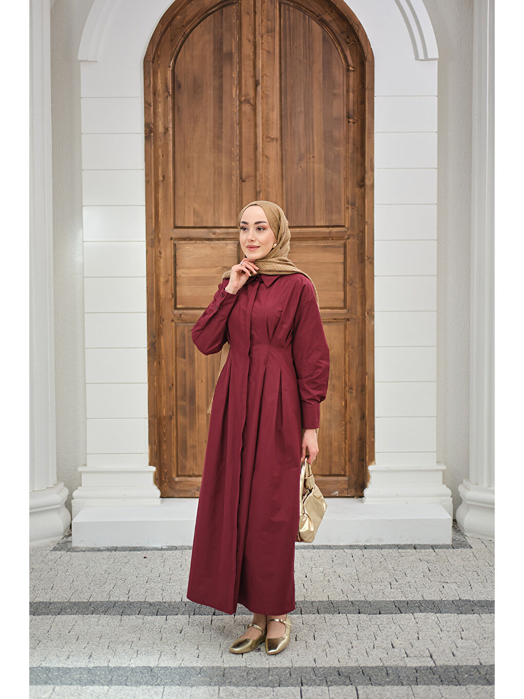 Kadın Beli Pileli Gömlek Yaka Gizli Düğmeli Elbise Bordo-3