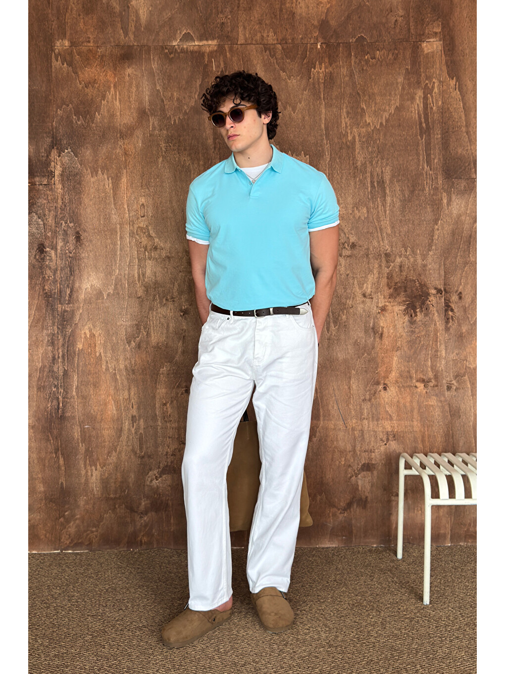 Turkuaz Erkek %100 Pamuk Düğmeli Polo Yaka T-Shirt-3