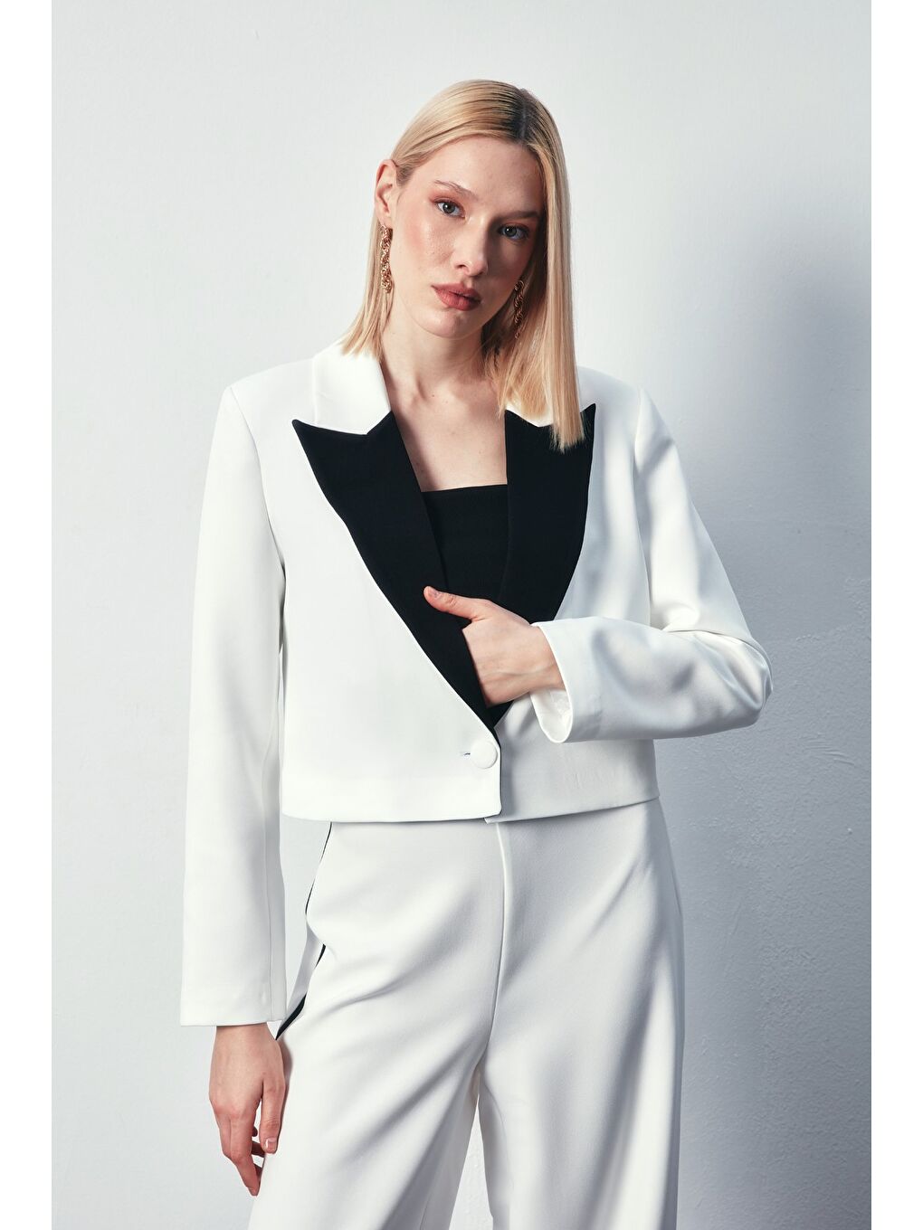 Kontrast Kısa Ceket - Ekru-6