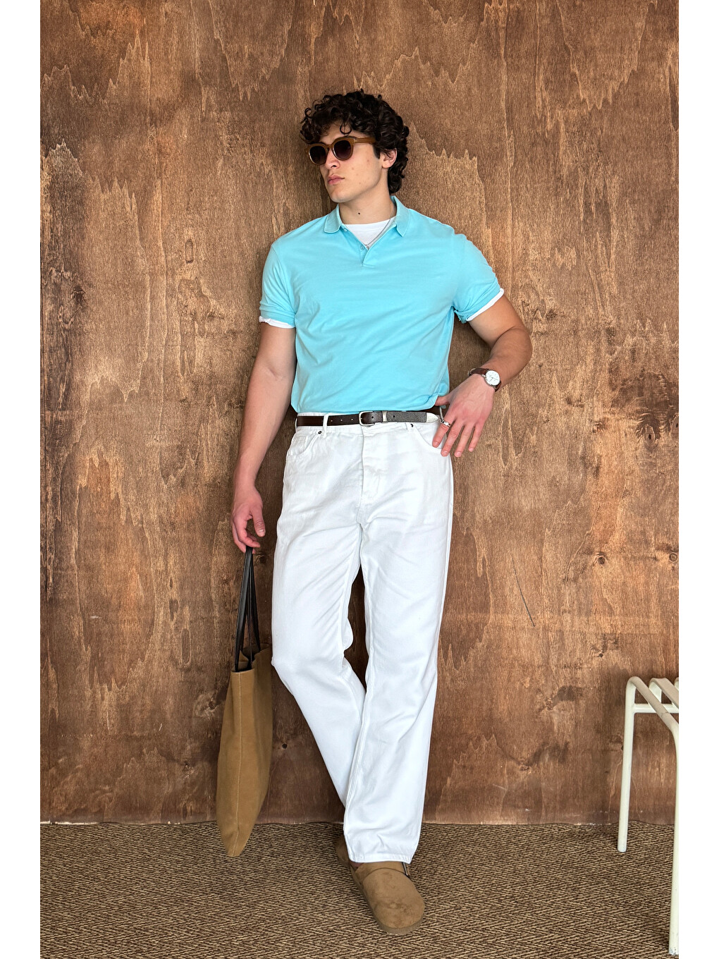 Turkuaz Erkek %100 Pamuk Düğmeli Polo Yaka T-Shirt-4