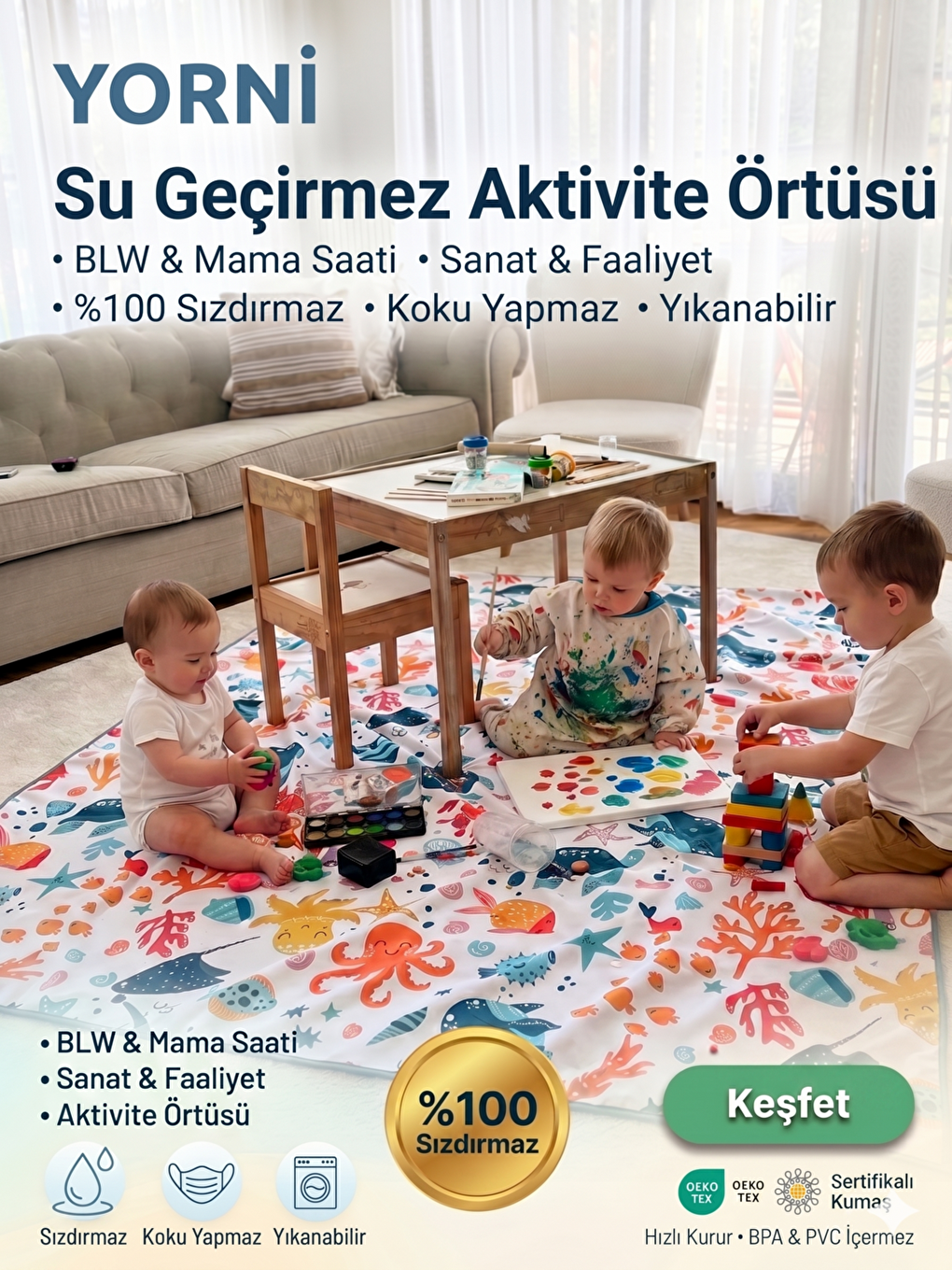 145x100 Cm, Jungle, Su Geçirmez, Yer/Masa Örtüsü, Aktivite, Yemek Ve Oyun için Çok Amaçlı Örtü