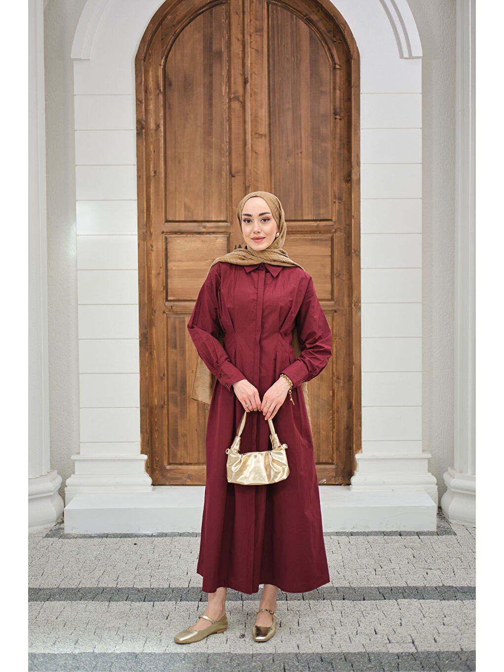 Kadın Beli Pileli Gömlek Yaka Gizli Düğmeli Elbise Bordo-4