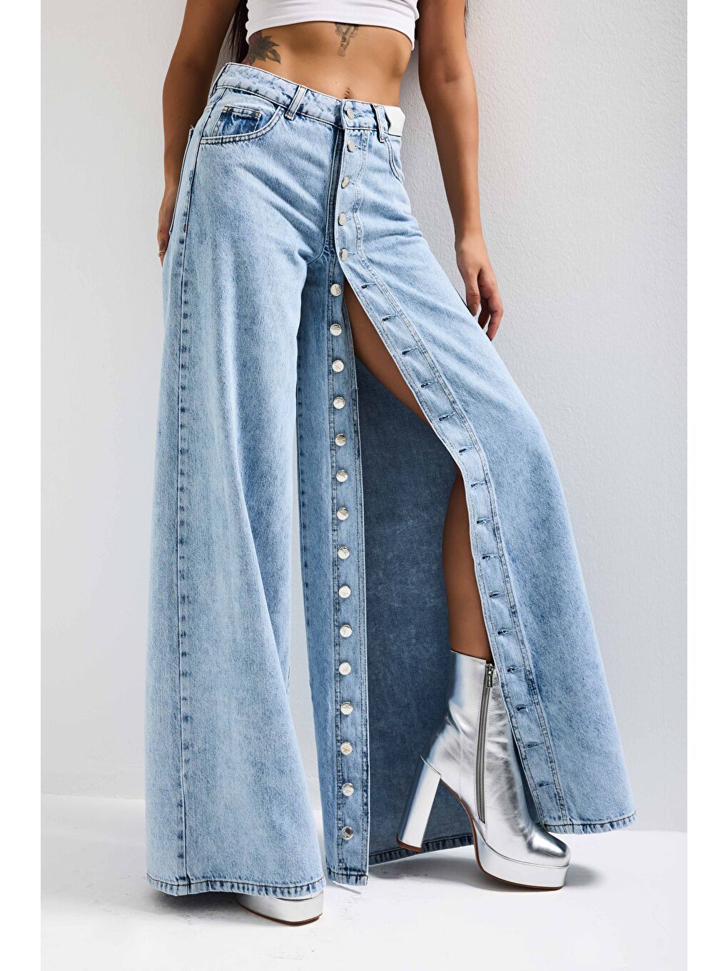 Mavi Kadın Jean Rengi Palazzo Fit Ful Düğme Yırtmaçlı Özel Tasarım Denim Jean-2