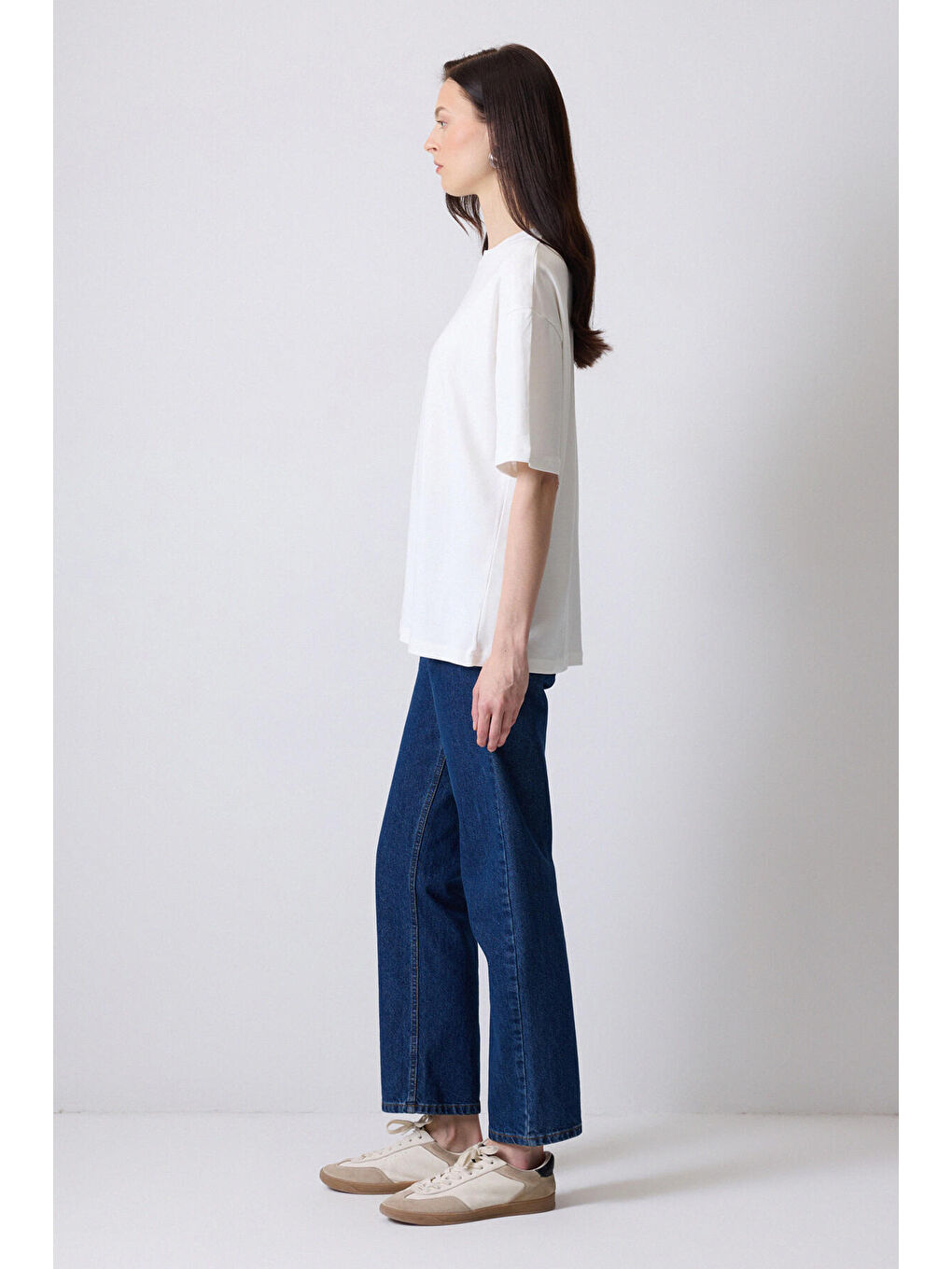 Ekru %100 Pamuklu Kısa Kollu T-Shırt-2