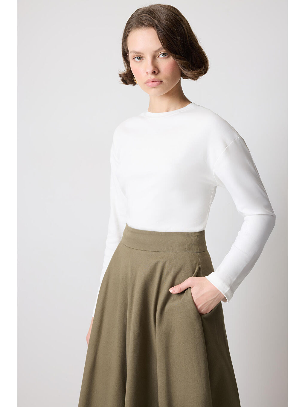 Ekru %100 Pamuklu Uzun Kollu T-Shırt-1