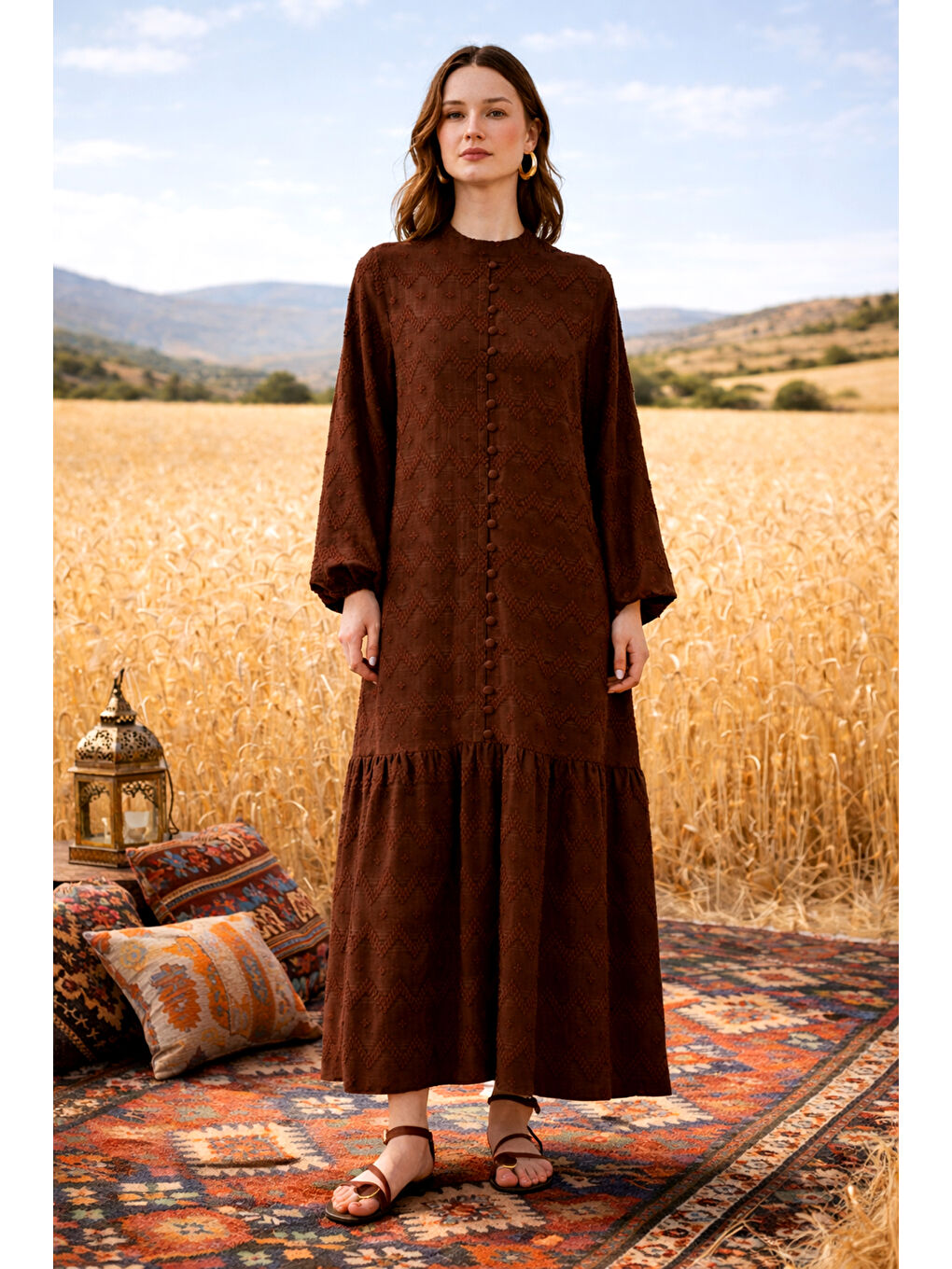 Güpür ve Jean Detay Uzun Elbise 2026 Kahverengi