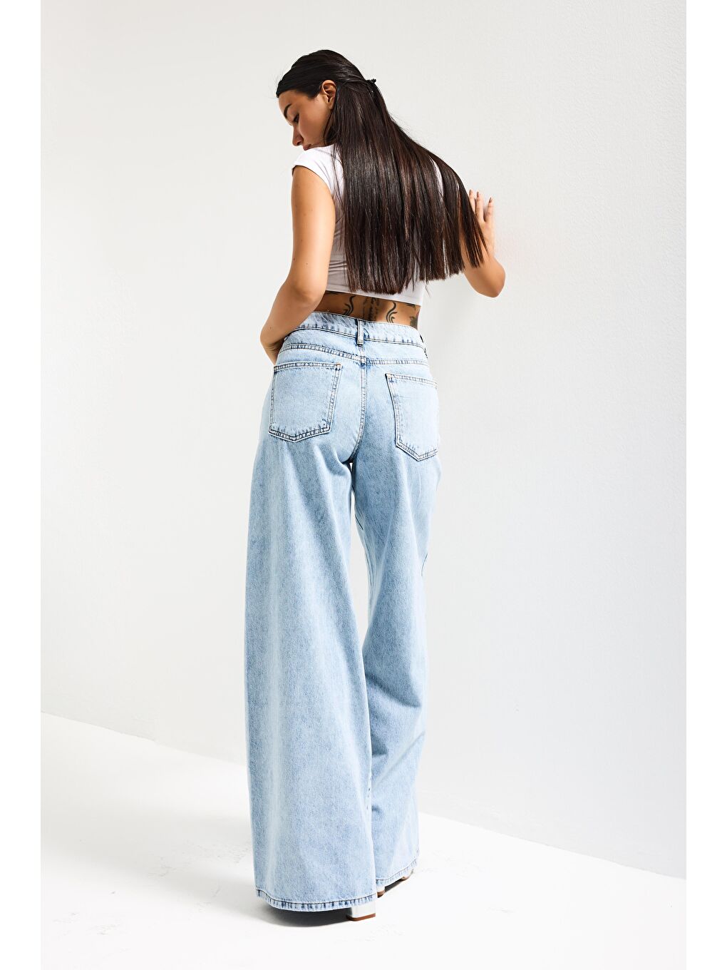 Mavi Kadın Jean Rengi Palazzo Fit Ful Düğme Yırtmaçlı Özel Tasarım Denim Jean-3