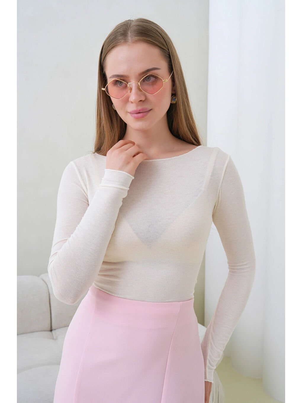 Ekru Kadın Geniş Yaka Uzun Kol Elastanlı Penye Bluz