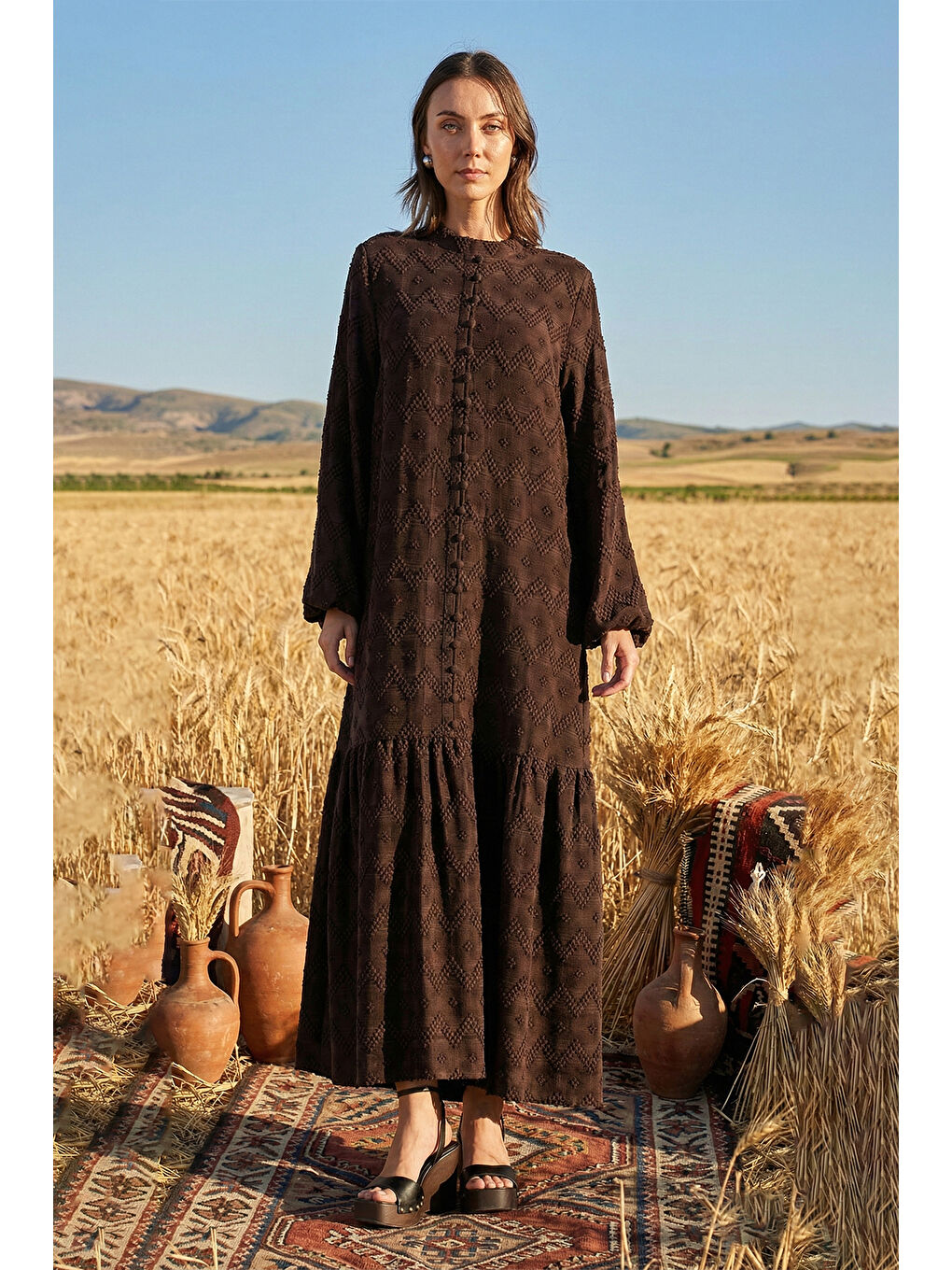 Güpür ve Jean Detay Uzun Elbise 2026 Kahverengi-1