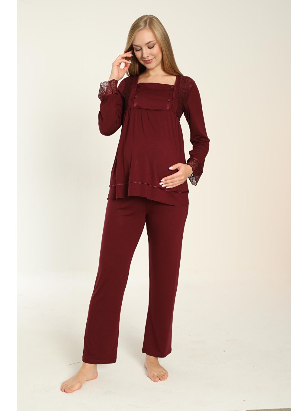 Uzun Kol Bordo Hamile ve Lohusa Pijama Takımı-2