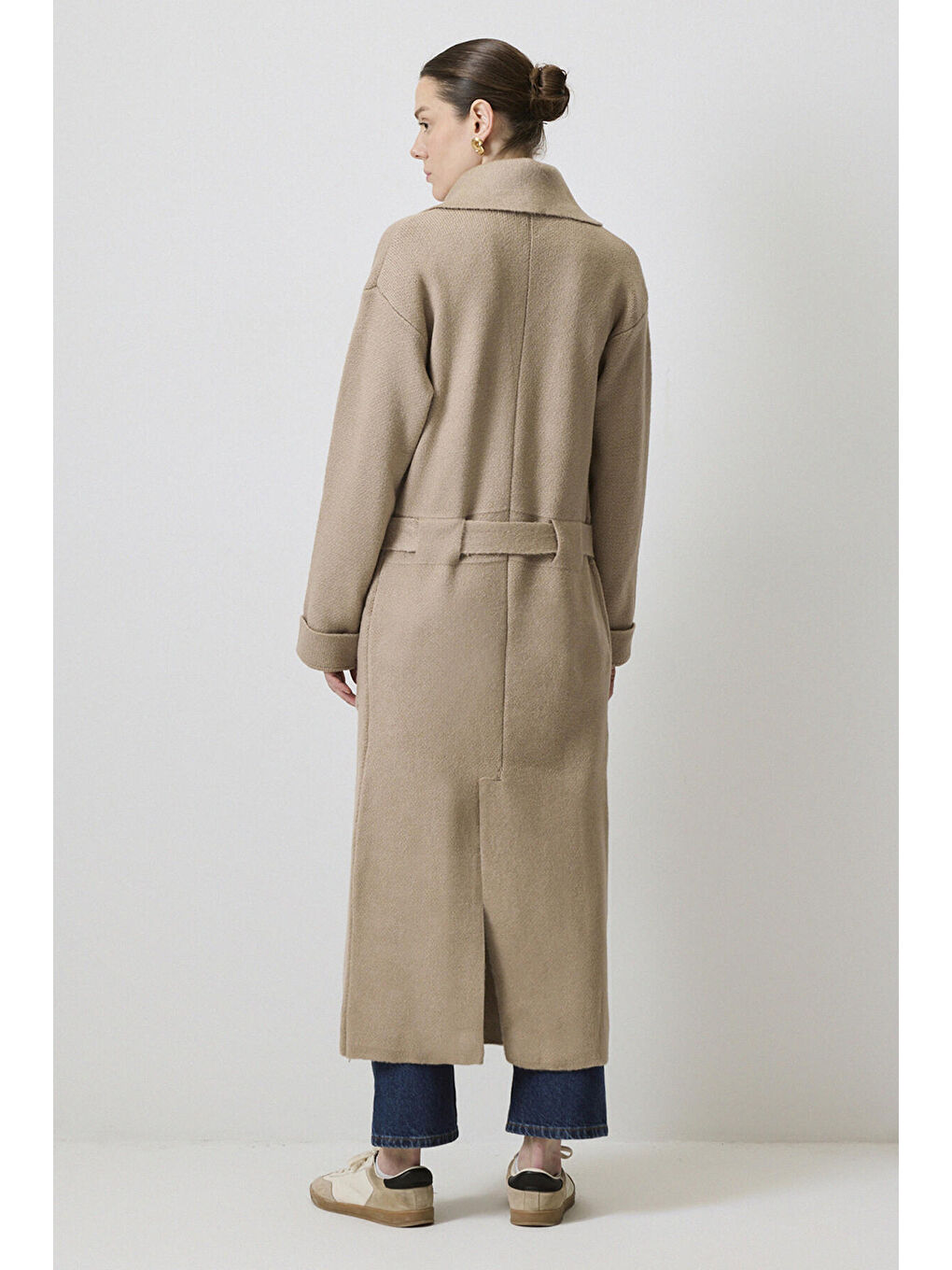 Bej Beli Kemerli Uzun Triko Hırka-4