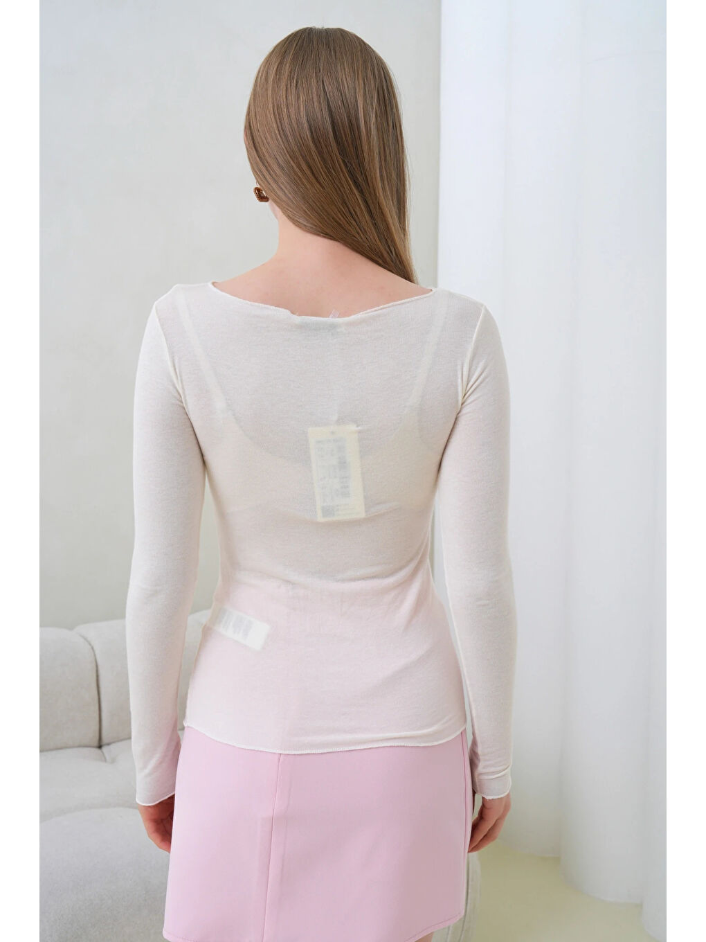 Ekru Kadın Geniş Yaka Uzun Kol Elastanlı Penye Bluz-2