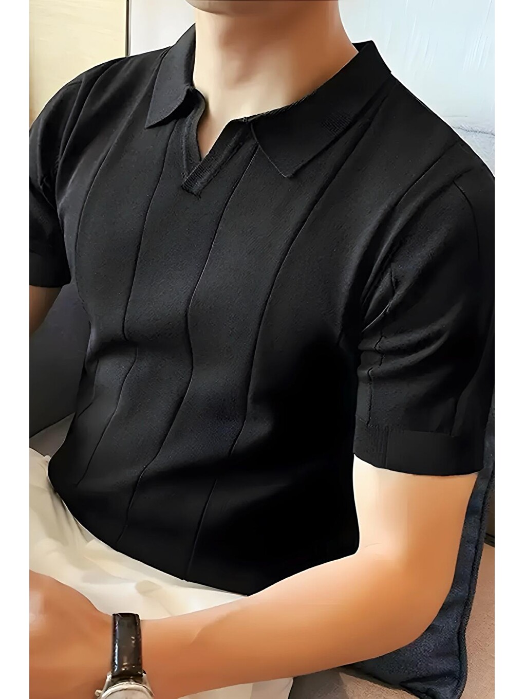 Siyah Quentin Çizgili Elastanlı Slim Fit Polo Yaka Örme Erkek Triko Tshirt