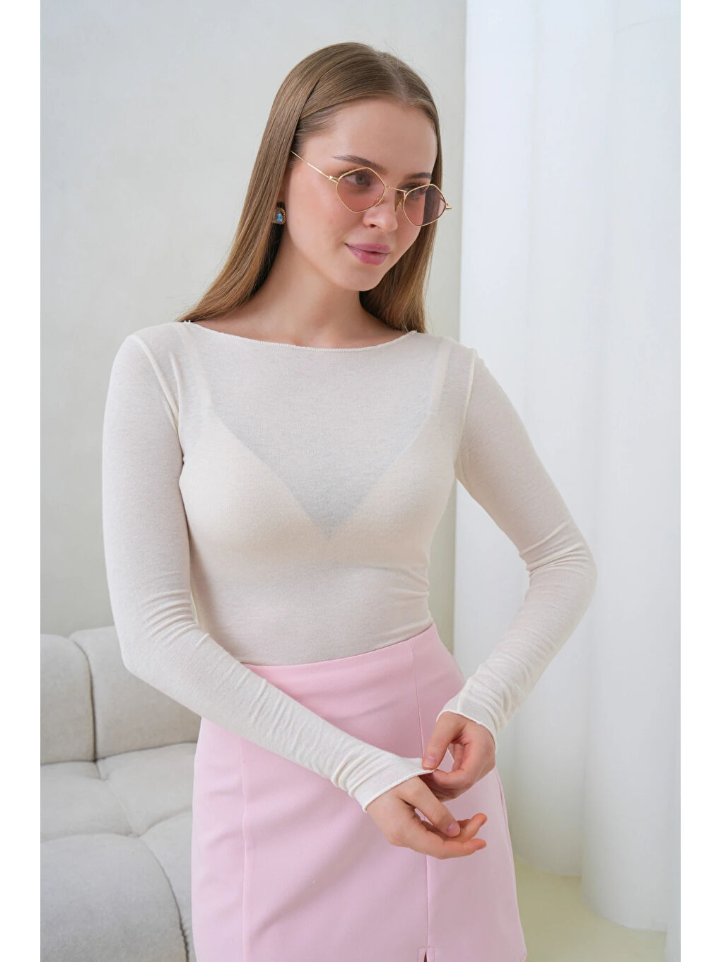 Ekru Kadın Geniş Yaka Uzun Kol Elastanlı Penye Bluz-3