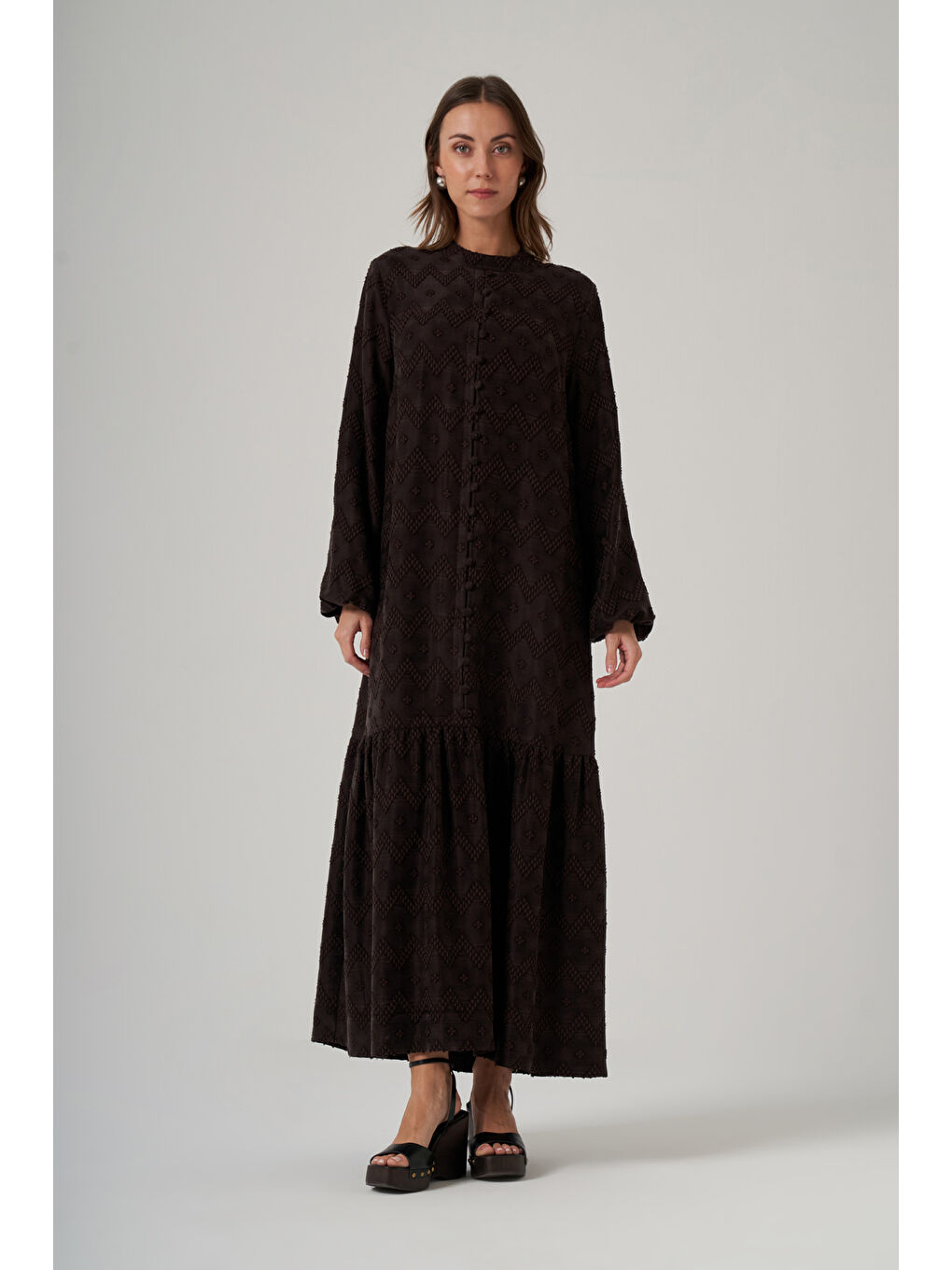 Güpür ve Jean Detay Uzun Elbise 2026 Kahverengi-2