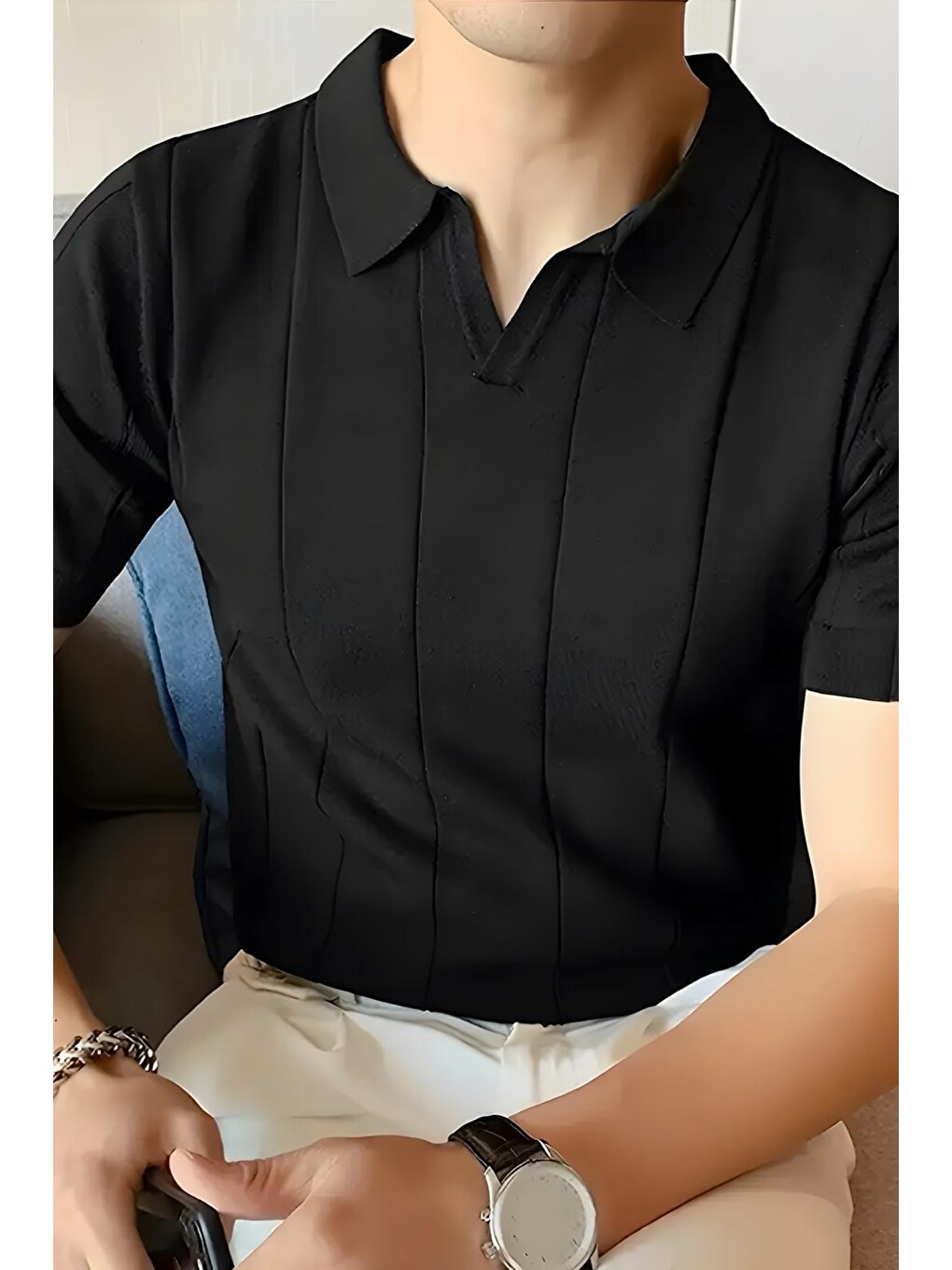 Siyah Quentin Çizgili Elastanlı Slim Fit Polo Yaka Örme Erkek Triko Tshirt-1