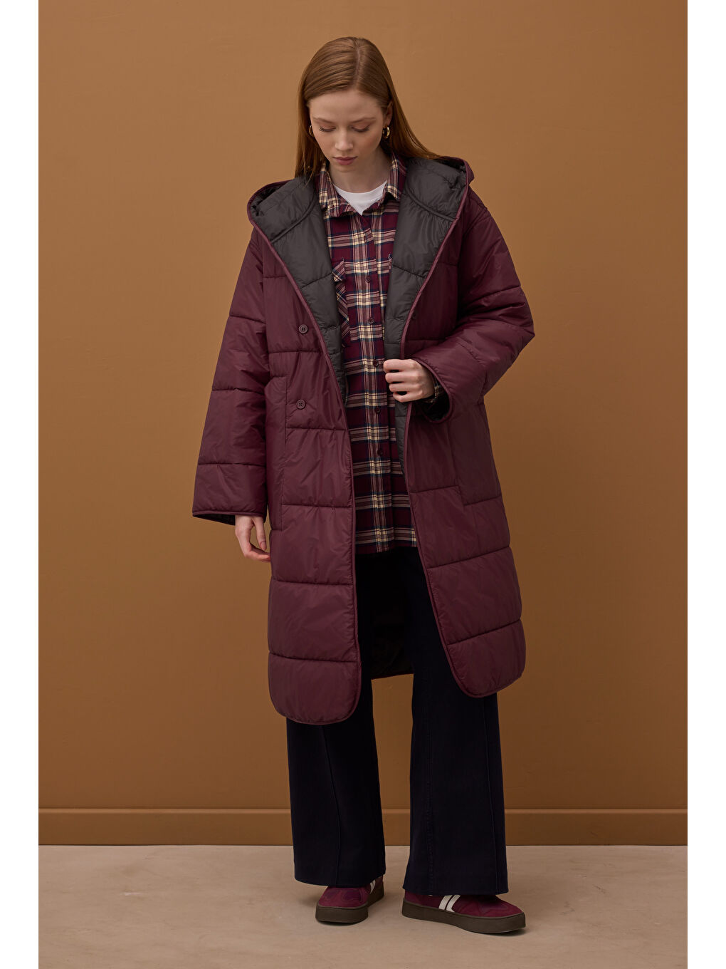 Çift Taraflı Şişme Mont Bordo-Acı Kahve-4