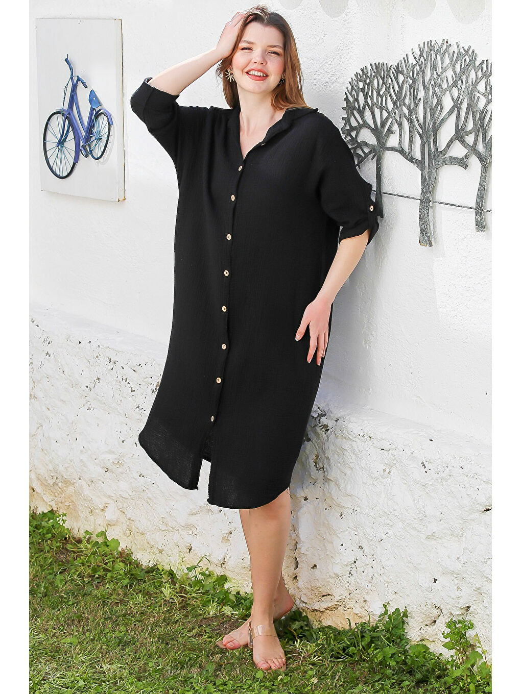 Siyah Gömlek Yaka Düğmeli Uzun Kollu Cepli Yıkamalı Casual Müslin Dokuma Elbise 118 62-1
