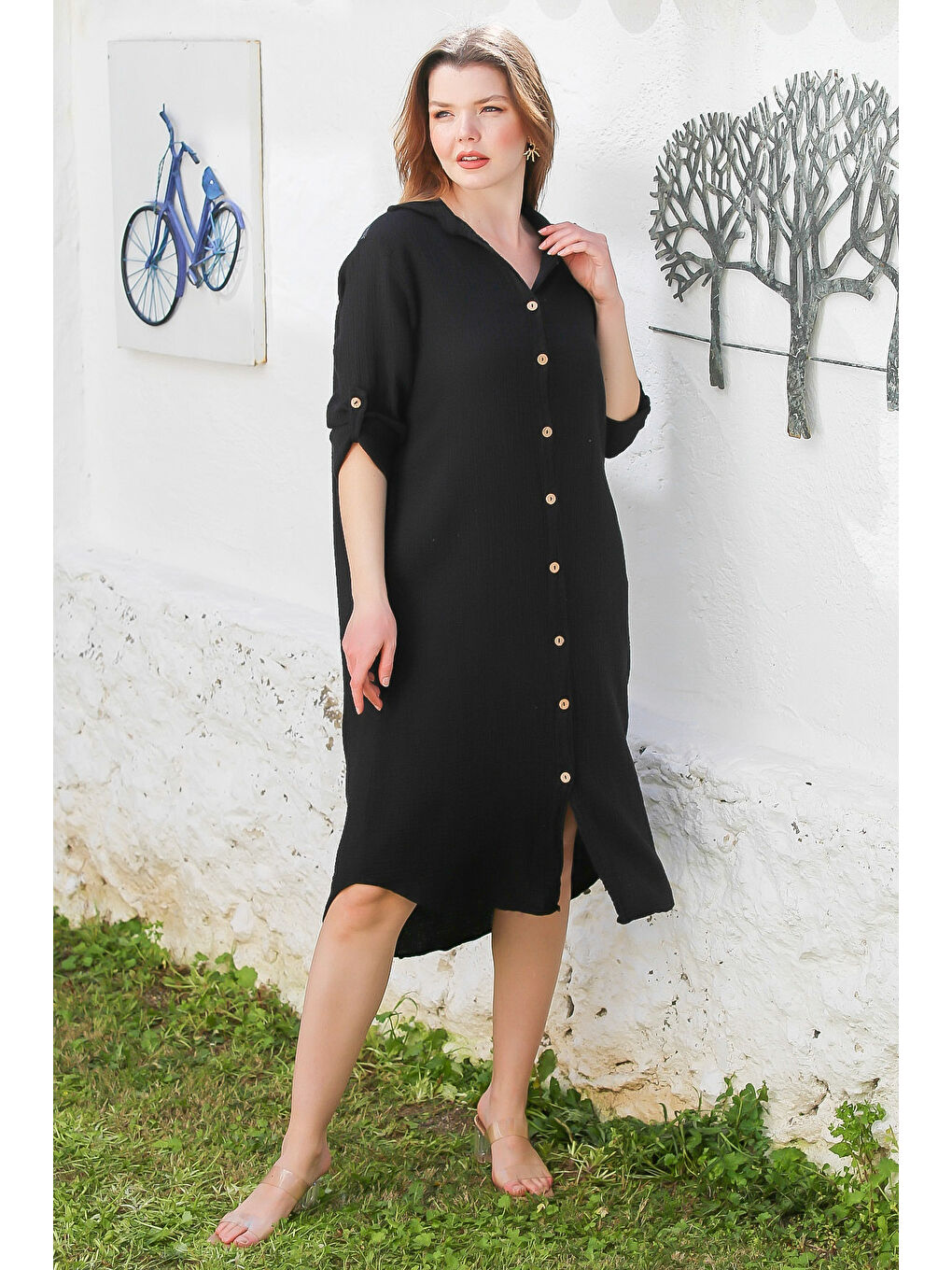 Siyah Gömlek Yaka Düğmeli Uzun Kollu Cepli Yıkamalı Casual Müslin Dokuma Elbise 118 62-2